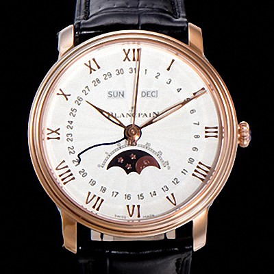 레플리카 [블랑팡] 남성용 빌레레 퀀탬 컴플레트 문페이즈 Cal.6654 오토매틱 40미리 블랙가죽줄 18K 로즈골드 화이트다이얼 BLA14136  