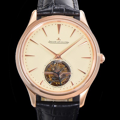 레플리카 [예거 르꿀르뜨] 남성용 마스터 울트라 씬 투어빌론 43mm 18K로즈골드 가죽줄 아이보리 다이얼 jag1292  
