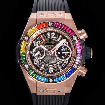 레플리카 [휴블렛] 남성용 빅뱅 유니코 45mm 오토매틱 HUB1280 타입 18K 로즈골드 다이아몬드 베젤 러버줄 스켈래톤 다이얼  hub1253  