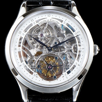 레플리카 [예거르쿨트르] 남성용 신형 마스터 그랜드 투어빌론 쥬얼 다이아몬드 인덱스 화이트&실버 스켈레톤 다이얼 투어빌론 무브먼트 JAG0400  