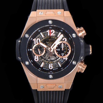 레플리카 [휴블렛] 남성용 빅뱅 유니코 45mm 오토매틱 HUB1242 타입 18K 로즈골드/블랙세라믹 베젤 러버줄 스켈래톤 다이얼  hub1129  