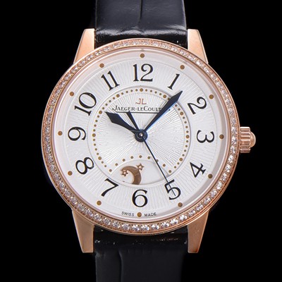 레플리카 [예거 르꿀르뜨] 여성용 랑데뷰 나잇&데이 문페이즈 오토매틱 898A 타입 무브 34mm 금장시계 보석 배젤 가죽줄 화이트다이얼 jag1151  