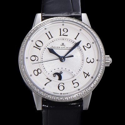 레플리카 [예거 르꿀르뜨] 여성용 랑데뷰 나잇&데이 문페이즈 오토매틱 898A 타입 무브 34mm 보석 배젤 가죽줄 화이트다이얼 jag9915  