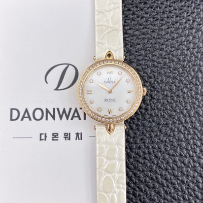 레플리카 [오메가] 여성용 드빌 424.58.27.60.55.002 프레스티지 듀드롭 27.4mm 18K 로즈골드 다이아몬드 쿼츠 무브먼트 화이트 자개 다이얼 omg0236  