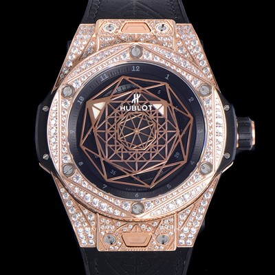 레플리카 [휴블렛] 남성용 빅뱅 쌍 블루 오토매틱 HUB1213타입 45미리 18K 로즈골드 다이아몬드/보석 케이스 가죽/우레탄 믹스밴드 블랙다이얼 hub97824  
