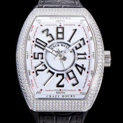 레플리카 [프랭크뮬러] 남성용 뱅가드 오토매틱 CZ02타입 44미리 보석/큐빅 셋팅 가죽줄/스트랩 화이트다이얼 FRA73768  
