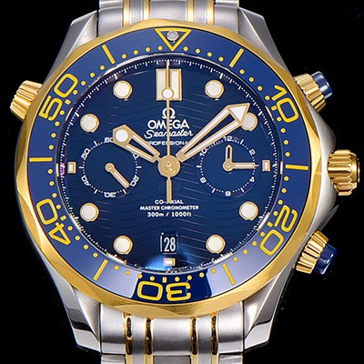 레플리카 [오메가]남성용 씨마스터 다이버 300M 마스터 크로노그래프 옐루골드 44mm 블루다이얼 OMG53678  