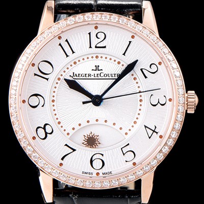 레플리카 [예거르꿀르뜨] 남성용 랑데부 나잇&데이 3442440 레이디 워치 18K 로즈골드 최상급 다이아몬드 세팅 베젤 문페이즈 화이트 텍스쳐드 다이얼 오토매틱 무브먼트 JAG0424  