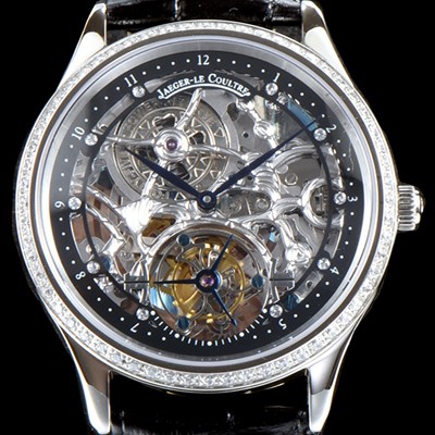 레플리카 [예거르쿨트르] 남성용 신형 마스터 그랜드 투어빌론 1:1 수공 맞물림 형식의 쥬얼라인 블랙&실버 스켈레톤 다이얼 투어빌론 무브먼트 JAG0401  