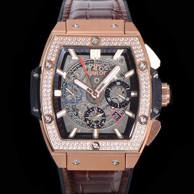 레플리카 [휴블렛] 남성용 스피릿 빅뱅 마스터피스 크로노그래프 Hub4700타입 45mm 18K로즈골드/다이아몬드 셋팅 가죽줄 스켈래톤다이얼 hub9351  