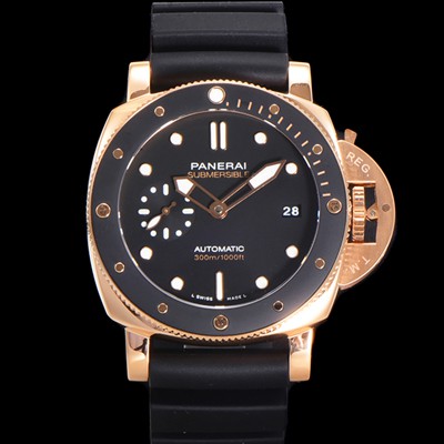 레플리카 [파네라이] 남성용 서브머시블 골드테크™ PAM02164 오토매틱 Cal P. 900 타입 42mm 18K 로즈골드 우레탄 블랙 다이얼 pan5209  