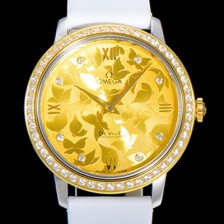 레플리카 [오메가] 여성용 드빌 프레스티지 32.7미리 쿼츠 금장 보석/큐빅 셋팅 4061타입 레이디 소가죽줄 골드다이얼 OMG79437  