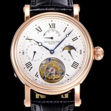 레플리카 [파텍필립] 남성용 그렌드 컴플리케이션 투어빌론 문페이즈 42mm 로드골드 금장시계 가죽줄 오토매틱 화이트다이얼 PAT75371  