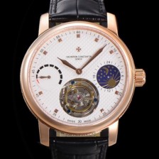 레플리카 [바쉐런콘스탄틴]남성용 트레디셔널 투어빌론 오토매틱 문페이즈 44mm 18K 로즈골드 가죽줄 화이트다이얼 vac27348  