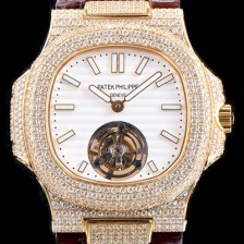 레플리카 [파텍필립] 남성용 노틸러스 뚜르비옹 18K 옐로우 골드 최상급쥬얼 다이아몬드 풀 세팅 케이스 화이트 텍스쳐 다이얼 아시안 투어빌론 탑재 PAT0100  