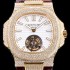레플리카 [파텍필립] 남성용 노틸러스 뚜르비옹 18K 옐로우 골드 최상급쥬얼 다이아몬드 풀 세팅 케이스 화이트 텍스쳐 다이얼 아시안 투어빌론 탑재 PAT0100  