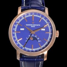 레플리카 [바쉐런콘스탄팀] 남성용 트레디셔널 문페이즈 오토매틱 2460QCL 타입 41mm 18K 로즈골드 가죽줄 블루다이얼 vac1921  