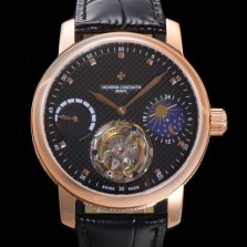 레플리카 [바쉐런콘스탄틴]남성용 트레디셔널 투어빌론 오토매틱 문페이즈 44mm 18K 로즈골드 가죽줄 블랙다이얼 vac15690  