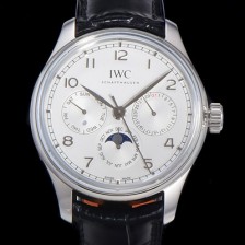 레플리카 [아이더블유씨] 남성용 포르투기즈 퍼페추얼 캘린더 문페이즈 오토매틱 42mm Cal.82650 타입 가죽줄 화이트다이얼   iwc42081  