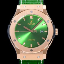 레플리카 [휴블렛] 남성용 클래식 퓨전 45미리 금장 오토매틱 9015 타입 가죽/러버 믹스 그린다이얼 HUB73545  