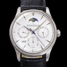 레플리카 [예거르꿀뜨르] 남성용 마스터 울트라 퍼페추얼 캘린더 오토매틱 MC868 타입 39mm 가죽줄 다이아몬드베젤 문페이즈  화이트다이얼 jag24492  