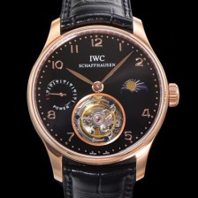 레플리카 [아이더블유씨] 남성용 신제품 UP!! 포르투기즈 컴플리케이션 하이  "투어빌론 문페이즈 파워 리저브"아시안 투어빌론 탑재  18K 로즈골드 42mm 가죽줄 블랙 다이얼   iwc1959  