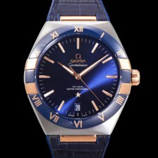 레플리카 [오메가] 남성용 1:1수제공정! 무브UP 컨스틸레이션 코-엑시얼 마스터 오토매틱 Cal.8900타입  41mm  18K 로즈골드 가죽/우레탄 믹스 블루다이얼 omg90744  