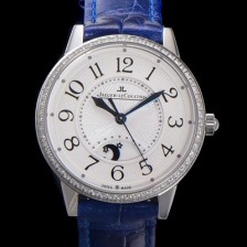 레플리카 [예거 르꿀르뜨] 여성용 랑데뷰 나잇&데이 문페이즈 오토매틱 898A 타입 무브 34mm 보석 배젤 가죽줄  화이트다이얼 jag1521  