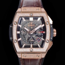 레플리카 [휴블렛] 남성용 스피릿 빅뱅 마스터피스 크로노그래프 Hub4700타입 45mm 18K로즈골드/다이아몬드 셋팅 가죽줄 스켈래톤다이얼 hub2191  