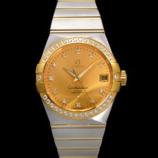 레플리카 [오메가] 남성용 컨스틀레이션 123.25.38.21.58.001 18k 옐로우골드 다이아몬드 세팅 베젤 38mm 오토매틱 8500타입 샴페인 다이얼 omg0158  