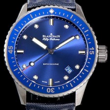 레플리카 [블랑팡] 남성용 하이퀄리티 피프티 패덤스 오토매틱 티타늄케이스 칼리버 1315타입 43.6미리 미리바티스카프 리얼 세라믹 UP!! 다이버 워치 블루다이얼 BLA77856  