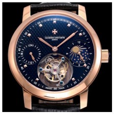 레플리카 [바쉐론콘스탄틴] 남성용 최고의 디테일!! 패트리모니 투어빌론 & GMT 문페이즈 고급스러운 18K 로즈골드 블랙 텍스쳐드 다이얼 아시안 투어빌론 탑재 무브먼트 VAC0220  