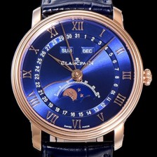 레플리카 [블랑팡] 남성용 빌레레 퀀탬 컴플레트 문페이즈 Cal.6654 오토매틱 40미리 블랙가죽줄 18K 로즈골드 블루다이얼 BLA77837  