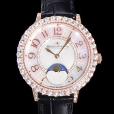 레플리카 [예거르꿀뜨르] 여성용 랑데뷰 문미듐 오토매틱 Cal.935타입 34mm 18K 로즈골드 보석/다이아 베젤 가죽줄 화이트다이얼 jag9912  