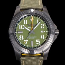 레플리카 [브라이틀링] 남성용 어벤져 나이트 미션 밀리터리 한정판 오토매틱 ETA2836-2 타입 GMT 45mm  DLC코팅 무광 올블랙 나토천/가죽 믹스 카키다이얼 bre82074  