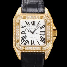 레플리카 [까르띠에] 산토스 100 오토매틱 ETA2824-2 타입 18k 옐루골드/보석시계 남성용 51mm 가죽줄 화이트 다이얼 car69316  