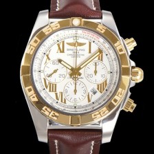 레플리카 [브라이틀링] 남성용 원드라이더 크로노맷 오토매틱 ETA-7750 기계식 44mm 18K 옐루골드 가죽줄 화이트다이얼 bre9152  