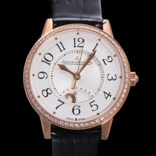 레플리카 [예거 르꿀르뜨] 여성용 랑데뷰 나잇&데이 문페이즈 오토매틱 898A 타입 무브 34mm 금장시계 보석  배젤 가죽줄 화이트다이얼 jag9251  