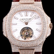 레플리카 [파텍필립] 남성용 노틸러스 뚜르비옹 18K 로즈 골드 최상급쥬얼 다이아몬드 풀 세팅 케이스 화이트 텍스쳐 다이얼 아시안 투어빌론 탑재 PAT0130  