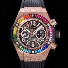 레플리카 [휴블렛] 남성용 빅뱅 유니코 45mm 오토매틱 HUB1280 타입 18K 로즈골드 다이아몬드 베젤 러버줄 스켈래톤 다이얼  hub1253  