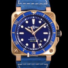 레플리카 [벨앤로즈] 남성용 BR03-92 다이버 브론즈 소재 세라믹 베젤 오토매틱 9015 타입 42mm 가죽줄 블루 다이얼 bel4096  