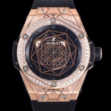 레플리카 [휴블렛] 남성용 빅뱅 쌍 블루 오토매틱 HUB1213타입 45미리 18K 로즈골드 다이아몬드/보석 베젤 가죽/우레탄 믹스밴드 블랙다이얼 hub63518  