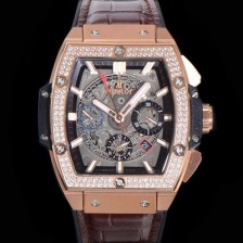 레플리카 [휴블렛] 남성용 스피릿 빅뱅 마스터피스 크로노그래프 Hub4700타입 45mm 18K로즈골드/다이아몬드 셋팅 가죽줄 스켈래톤다이얼 hub9351  