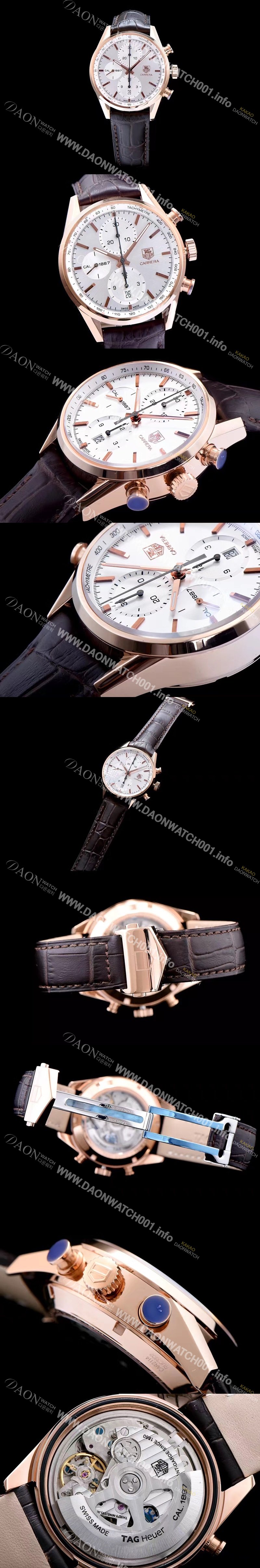 레플리카 [태그호이어] 남성용 까레라 칼리버 1887 크로노그래프 로즈골드 화이트 다이얼 오토매틱 무브먼트 TAG0200