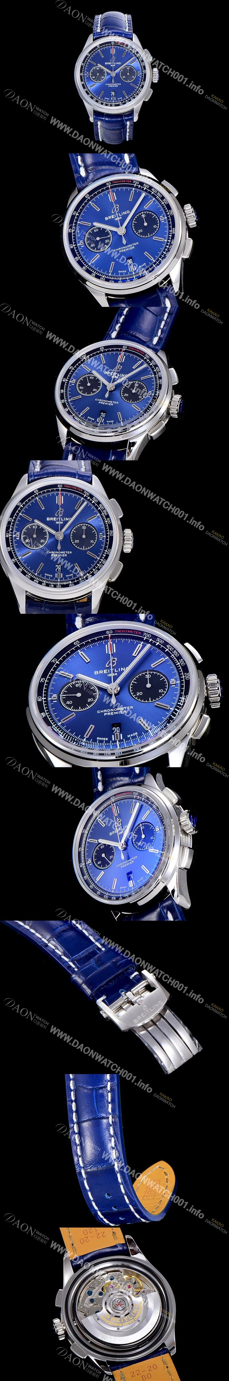 레플리카 [브라이틀링]남성용 프리미에르 01 크로노그래프 오토매틱 42mm 블루 다이얼 BRE27933