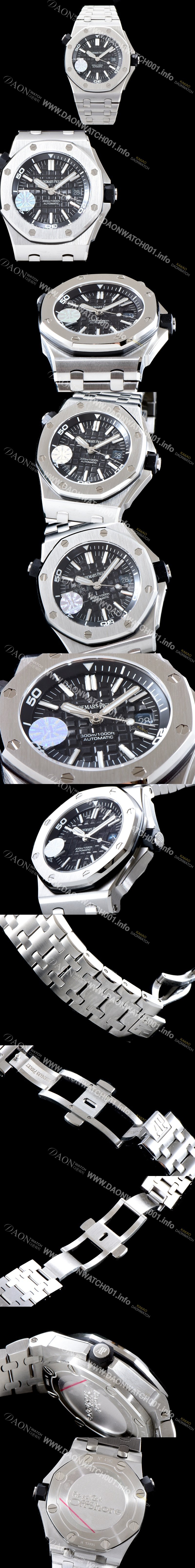 레플리카 [오데마피게] 남성용 최고급형！로얄오크 오프쇼어 다이버 15703ST 블랙 와플다이얼 브레이슬릿 오토매틱 무브먼트 AUD0200