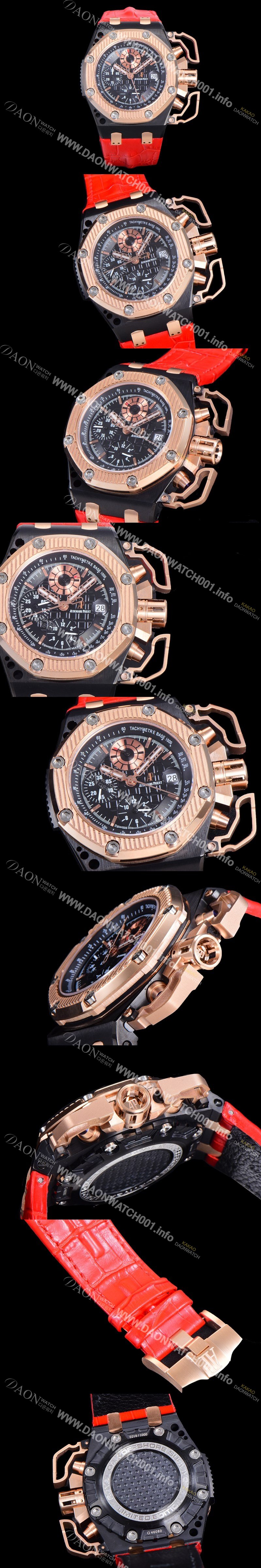 레플리카 [오데마피게] 남성용 로얄오크 오프쇼어 서바이버 크로노그래프 기능 오토매틱 A7750-2 타입 44미리 가죽시계 금장 블랙다이얼 AUD74578