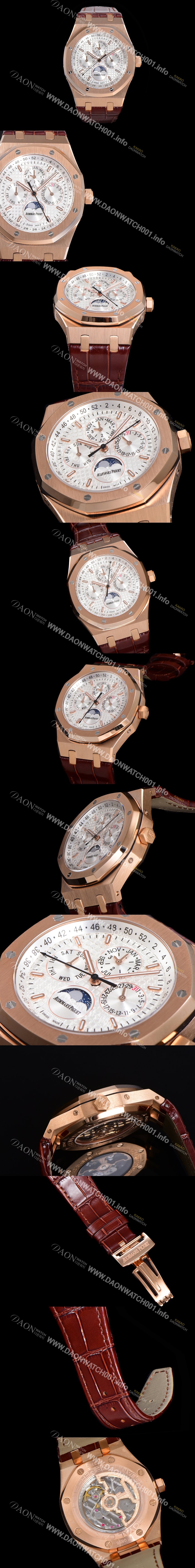 레플리카 [오데마피게] 남성용 로얄오크 퍼펙츄얼 캘린더 41mm 오토매틱 T5134 타입 18K로즈골드 가죽줄 화이트다이얼 aud1291