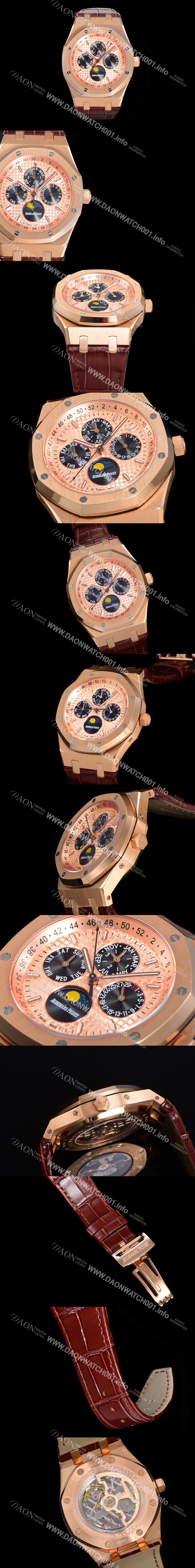 레플리카 [오데마피게] 남성용 로얄오크 퍼펙츄얼 캘린더 41mm 오토매틱 T5134 타입 18K로즈골드 가죽줄 골드다이얼  aud5119