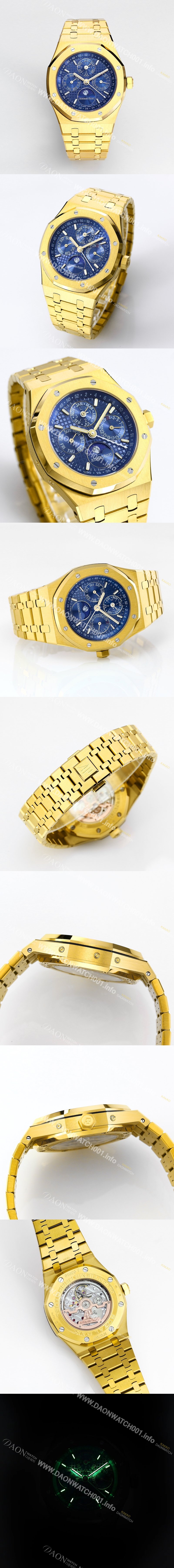 레플리카 [오데마피게] 남성용 로얄오크 26574 퍼페츄얼 캘린더 문페이즈 18K 옐로우골드 41mm 블루 다이얼 신형 5134 오토매틱 무브먼트 aud4211